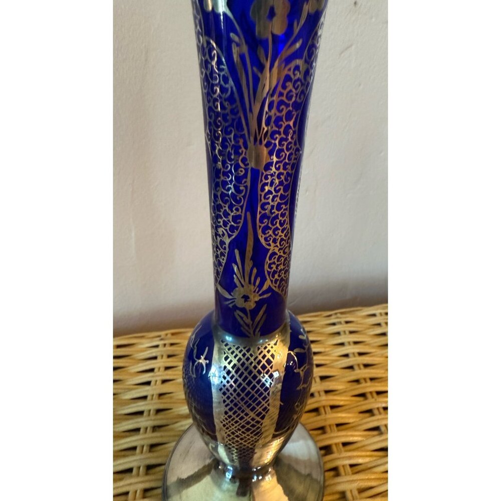 Vintage 50's Venetian Art Glass Bud Vase Blue Silver Overlay Gondola - Picture 8 of 11